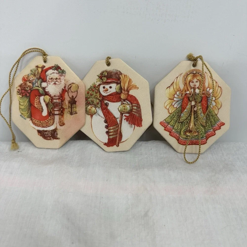 Set of 3 Avon‎ Double Sided Snowman Angel Santa Mrs Fabric Christmas Ornament